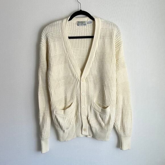 Vintage America Weekend Medium Cream / Yellow Fisherman Knit‎ Slouchy Cardigan - Picture 1 of 7